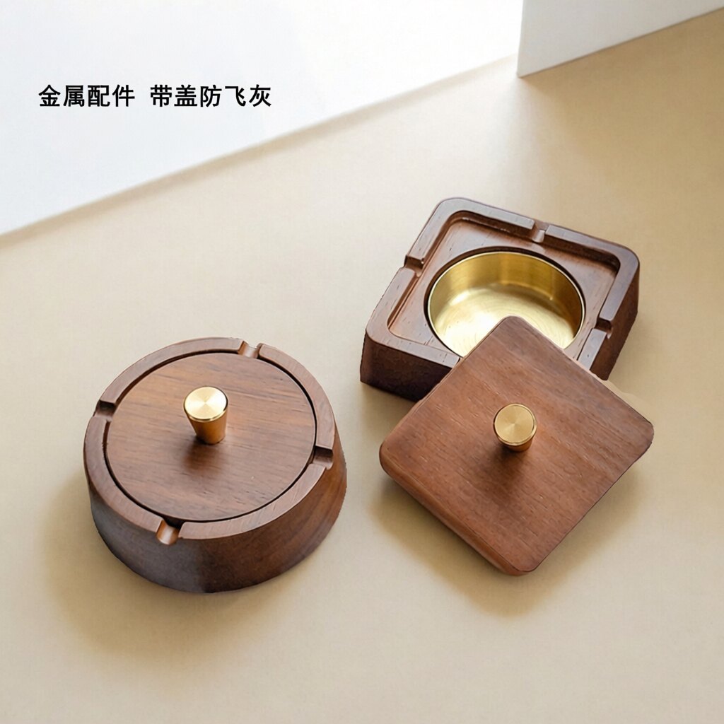 新中式实木带盖防飞灰烟灰缸家用办公室高档客厅创意摆件木质烟缸