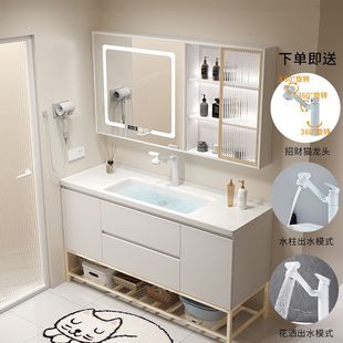 奶油色实木浴室柜组合陶瓷洗脸盆卫生间洗手池洗漱台面盆智能镜柜