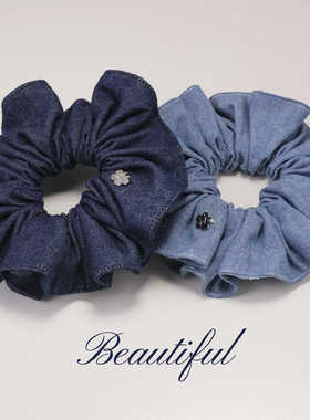 日本进口牛仔面料大肠发圈蓝色高弹力简约多褶丸子头发绳发饰