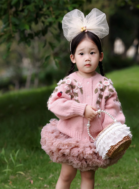 俄罗斯重工手工绣花女童马海毛衣开衫灯笼袖小女孩针织外套洋气