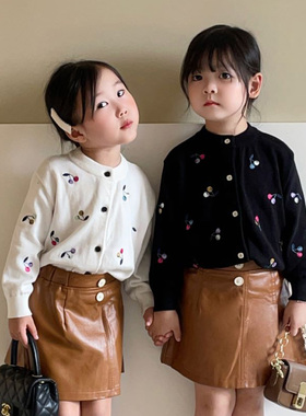 2024年秋冬新款女童毛衣开衫纯棉刺绣小樱桃小女孩针织外套百搭