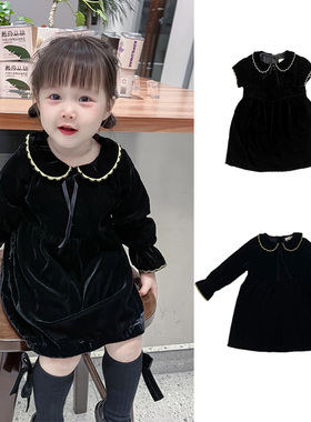 【断码清仓】秋冬女童金丝绒连衣裙黑色小女孩赫本风小黑裙宝宝
