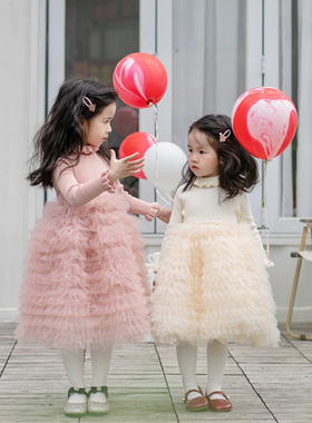 秋冬女童连衣裙小女孩毛衣拼网纱蓬蓬蛋糕裙公主裙小礼裙生日洋气