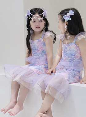 23年女童泳衣速干海边度假沙滩美人鱼连体泳衣套装女孩公主风洋气