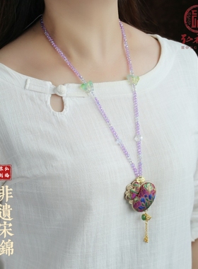 宋锦国风新中式配饰项链珍珠宋锦葫芦荷包长款珍珠项链毛衣链女