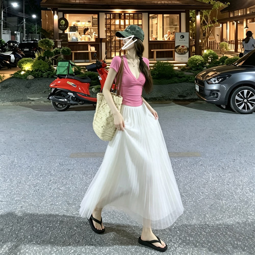加长半身裙175高个子仙女气质流光纱白色中长款百褶裙伞裙遮胯夏