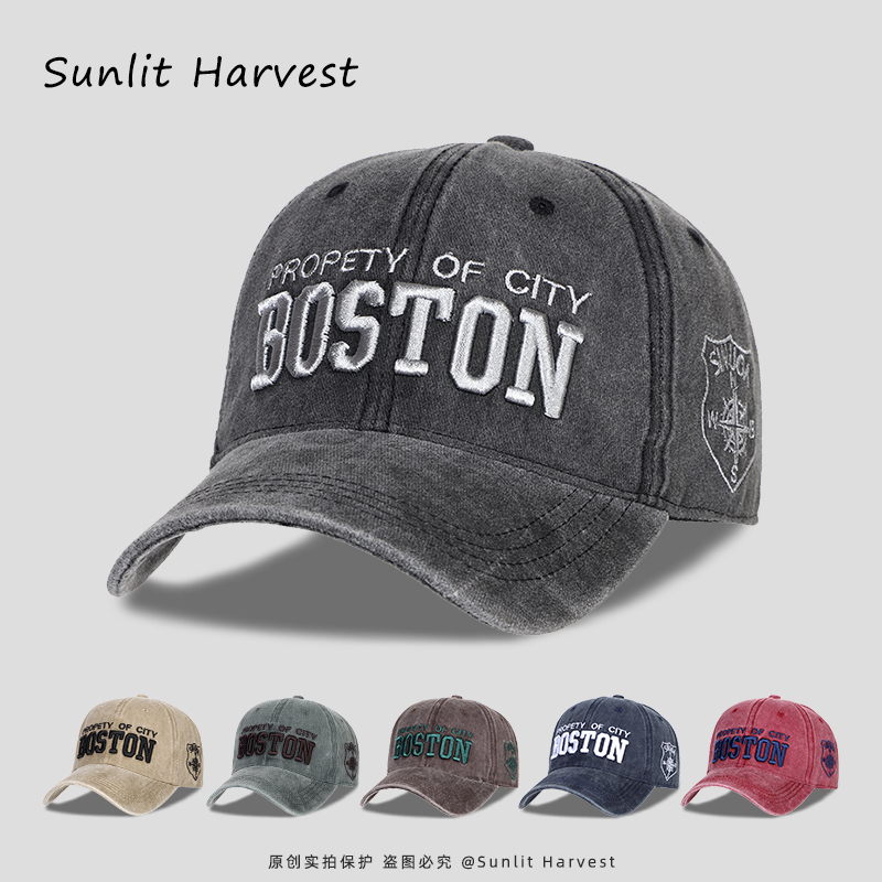 复古水洗做旧刺绣棒球帽子女宽檐显脸小遮阳防晒美式牛仔鸭舌帽男