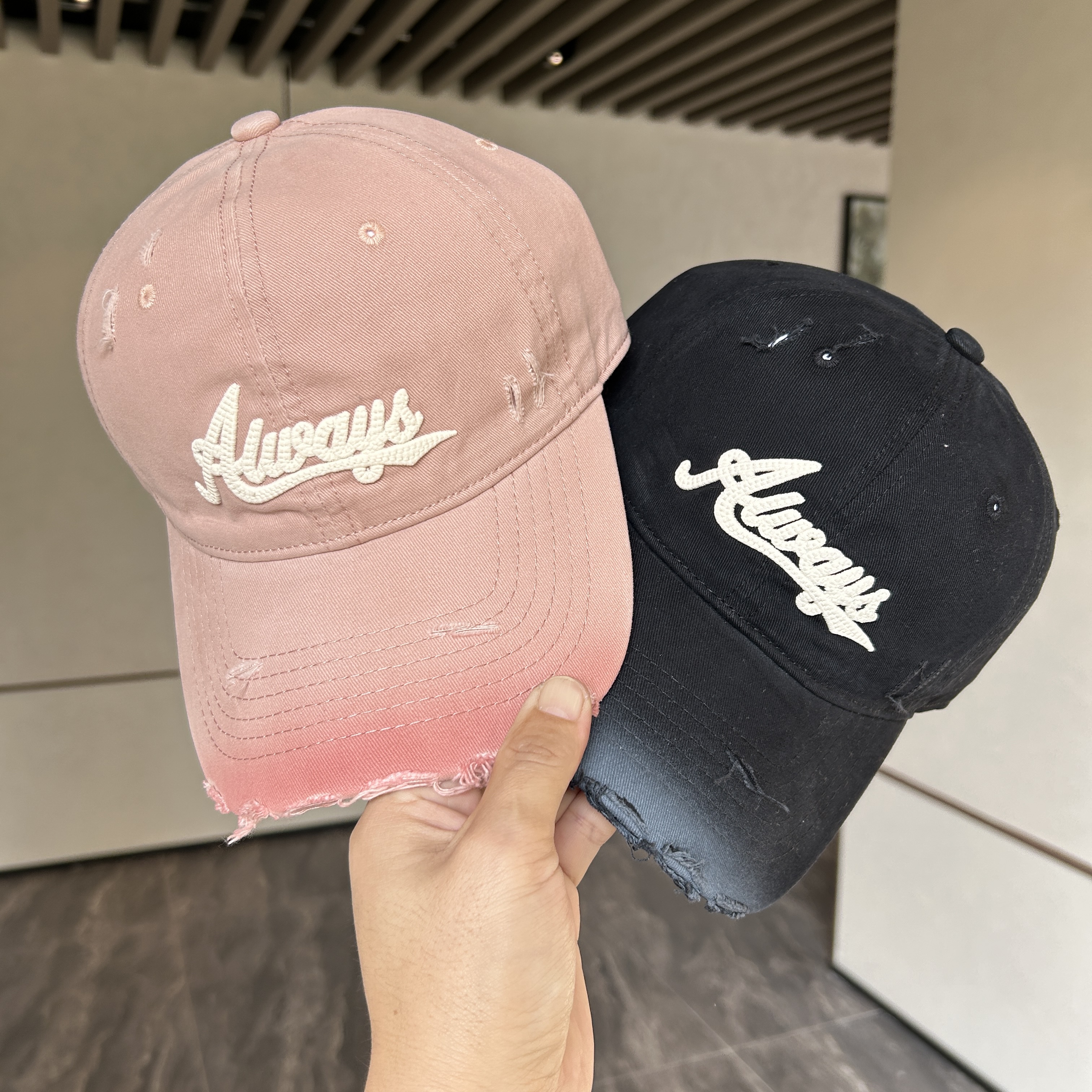 美式复古破洞字母刺绣棒球帽子女深顶宽檐显脸小遮阳防晒鸭舌帽男