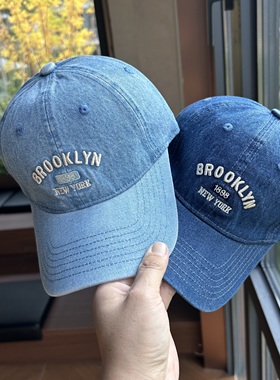 复古水洗牛仔棒球帽子女宽弯檐深顶大头围显脸小遮阳刺绣鸭舌帽男