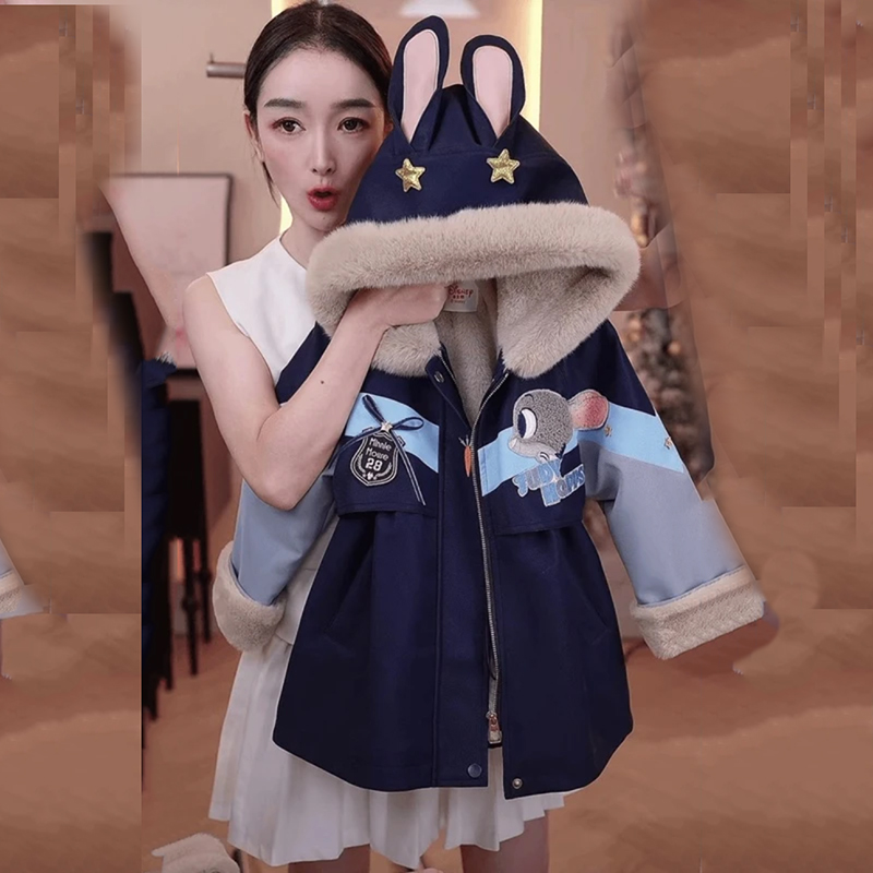 女童加绒外套秋冬装儿童中大童兔子警官派克服女孩洋气中长款上衣