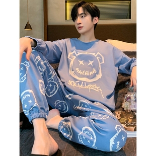 全棉纯棉男士睡衣长袖纯棉春秋大码青少年学生大童男款四季通用家