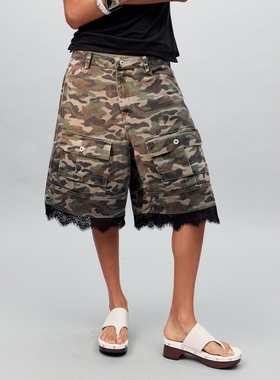 Sound of trio*水洗迷彩蕾丝工装宽松中裤