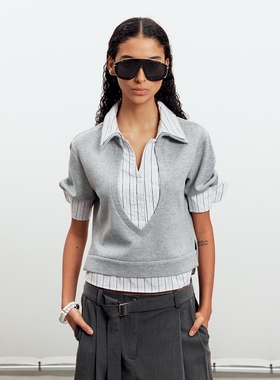 Sound of trio*浅灰色假两件双领条纹polo短袖衫