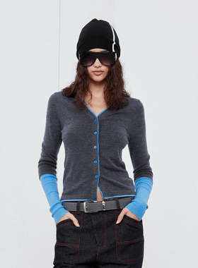 Sound of trio*拼色深灰蓝V领打底通勤长袖