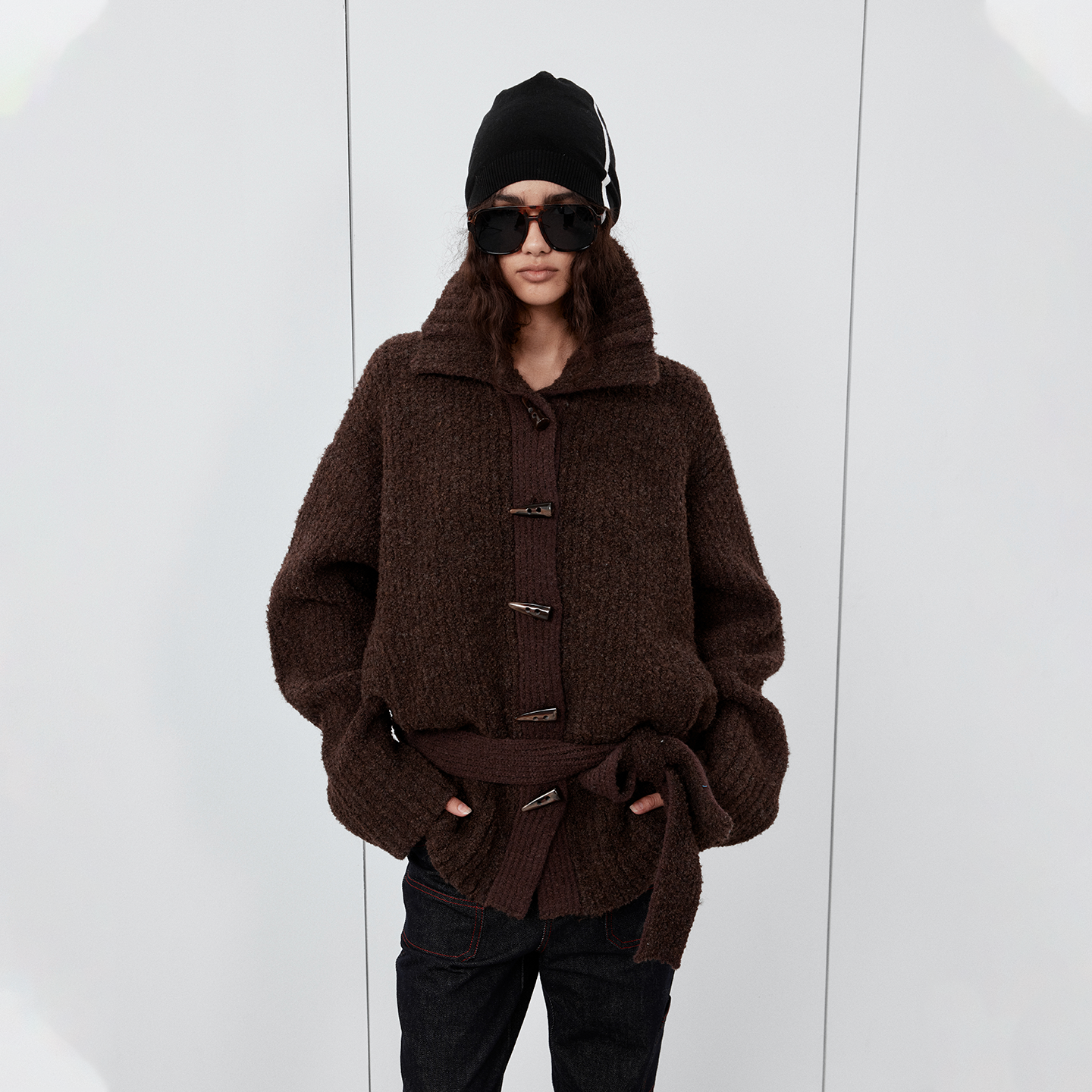 Sound of trio*宽松圈圈纱绑带收腰羊毛混纺温暖居家开衫