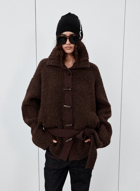 Sound of trio*宽松圈圈纱绑带收腰羊毛混纺温暖居家开衫