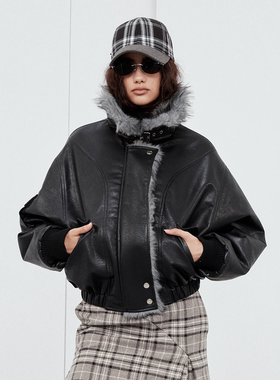 Sound of trio*锥形宽松短款皮质面包棉服