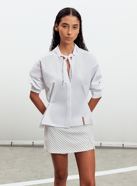 Sound of trio*亨利领领结中袖可调节收腰衬衫