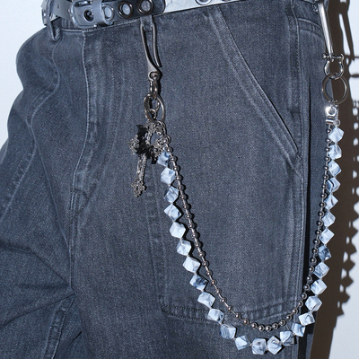 美式复古水墨晕染蓝白双层裤链