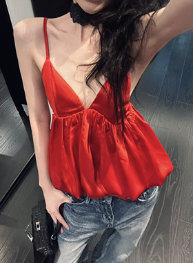 ISGRX 朱砂痣原创设计绸缎红色吊带背心女夏季御姐热辣性感小上衣