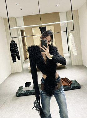 ISGRX 任鸟飞原创设计辣妹设计感毛领打底秋冬误御姐性感黑色上衣