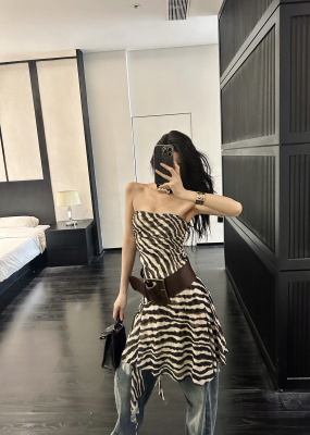 ISGRX逃学威龙原创设计斑马纹抹胸裙子度假小众设计气质欧美休闲