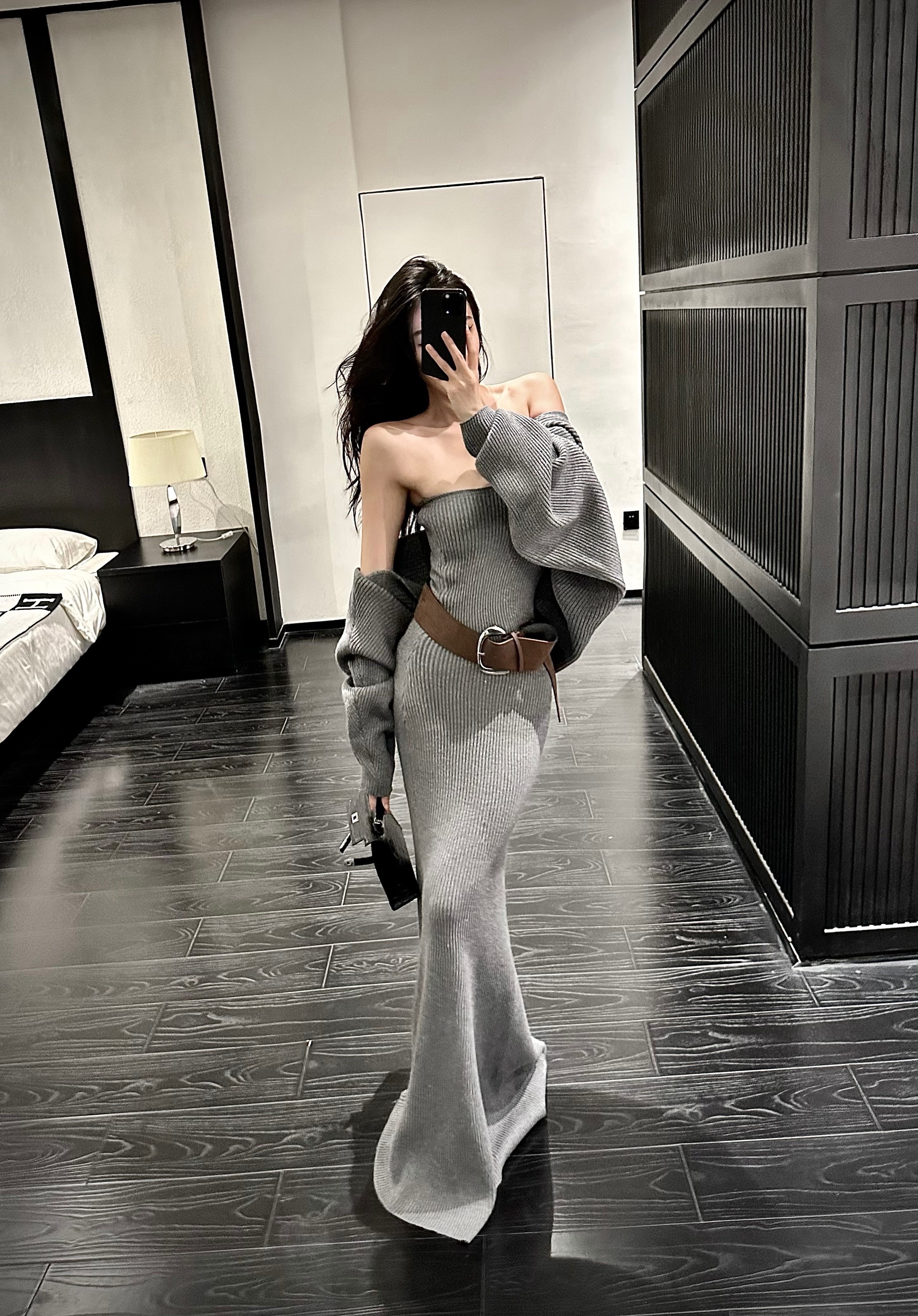 ISGRX 熠熠生灰 原创设计针织抹胸连衣裙女收腰修身拖地鱼尾长裙