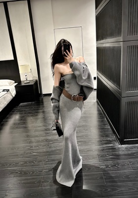 ISGRX 熠熠生灰 原创设计针织抹胸连衣裙女收腰修身拖地鱼尾长裙