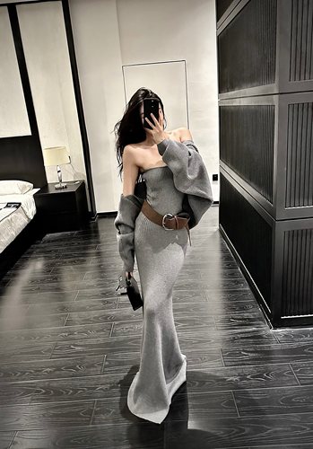ISGRX 熠熠生灰 原创设计针织抹胸连衣裙女收腰修身拖地鱼尾长裙