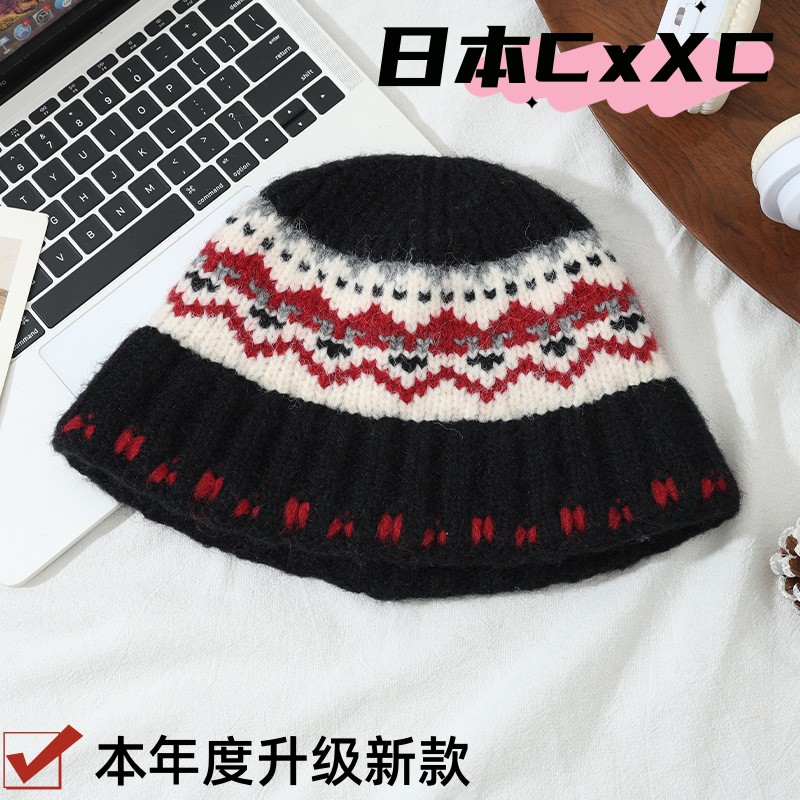复古提花针织毛线帽秋冬帽子女款百搭加厚防风保暖帽英伦风套e920