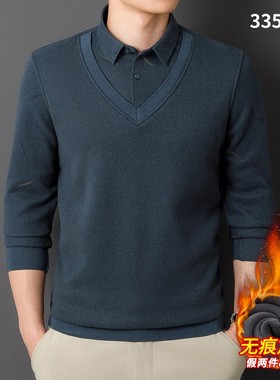 秋冬新款轻奢澳粒绒加绒无痕保暖衬衫内搭假两件男衬衣免烫带xl75
