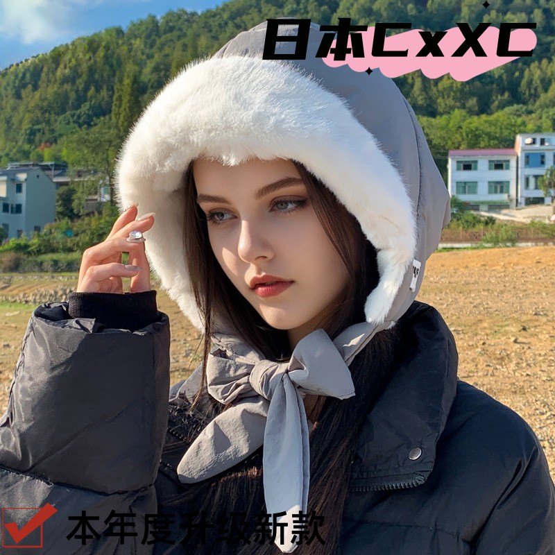 女秋冬雷锋帽韩版户外骑行季防寒保暖加厚包头帽大头围包包两用