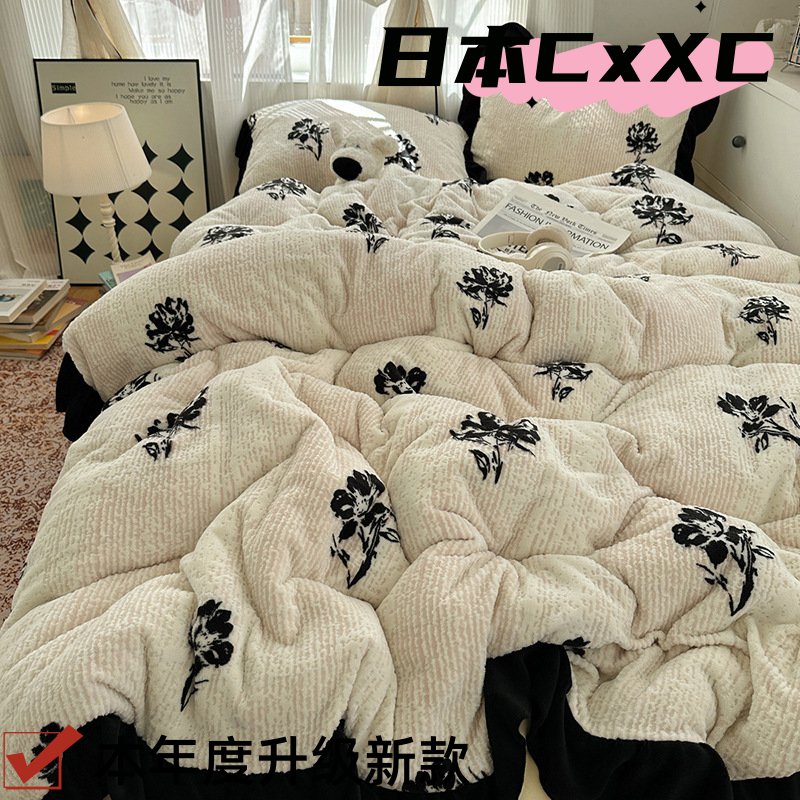 法式少女ins赫本风黑色蝴蝶牛奶绒四件套冬季珊瑚绒三件套床EE28