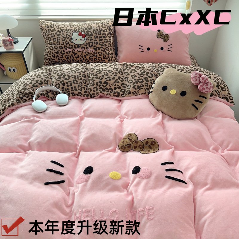 少女ins豹纹猫咪毛巾绣牛奶绒四件套冬天加厚珊瑚绒被套床单3EE28