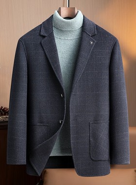 双面呢羊毛西服秋冬新款男士简约修身中年格子西装休闲羊毛外xl75
