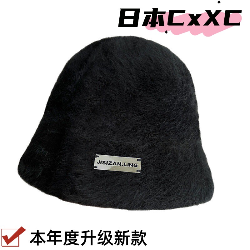 显脸小兔毛渔夫帽女秋冬百搭保暖大头围盆帽白色素颜毛绒水桶帽子