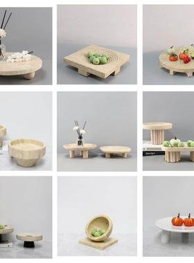 侘寂风天然大理石洞石圆形果盘软装饰摆件样板间餐桌收纳托盘果盆