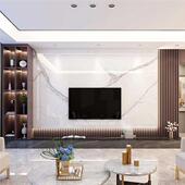 岩板悬空电视背景墙实木格栅大理石瓷砖现代轻奢客厅影视墙 地柜