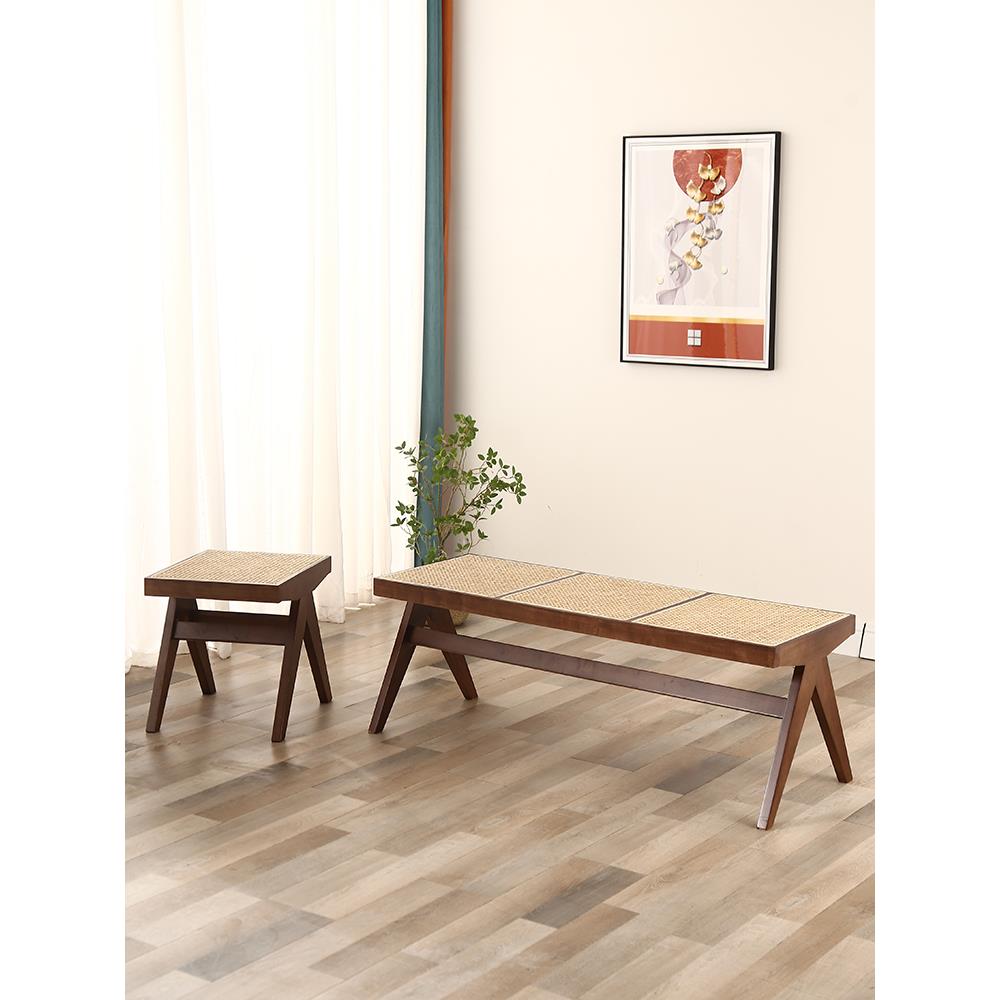 实木藤编长凳昌迪加尔椅中古长条凳日式设计师复古家用民