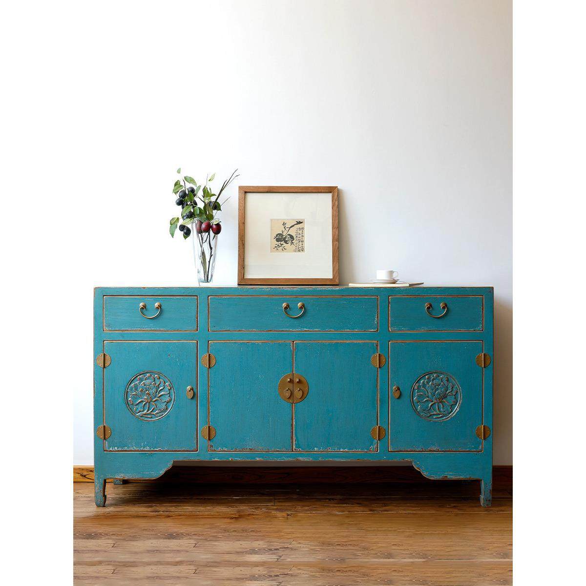 中式雕花餐边柜实木复古做旧厨房收纳储物柜玄关柜客厅柜子置物柜