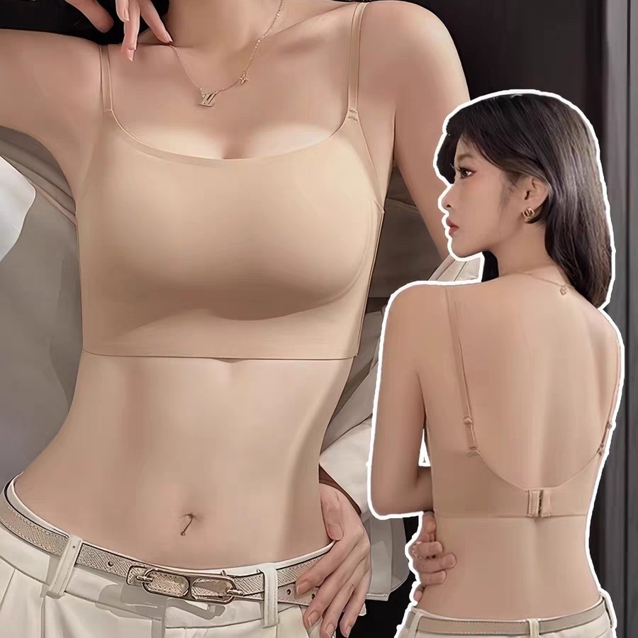 粉底液U型美背内衣女夏季薄款大胸显小收副乳吊带背心一体文胸罩