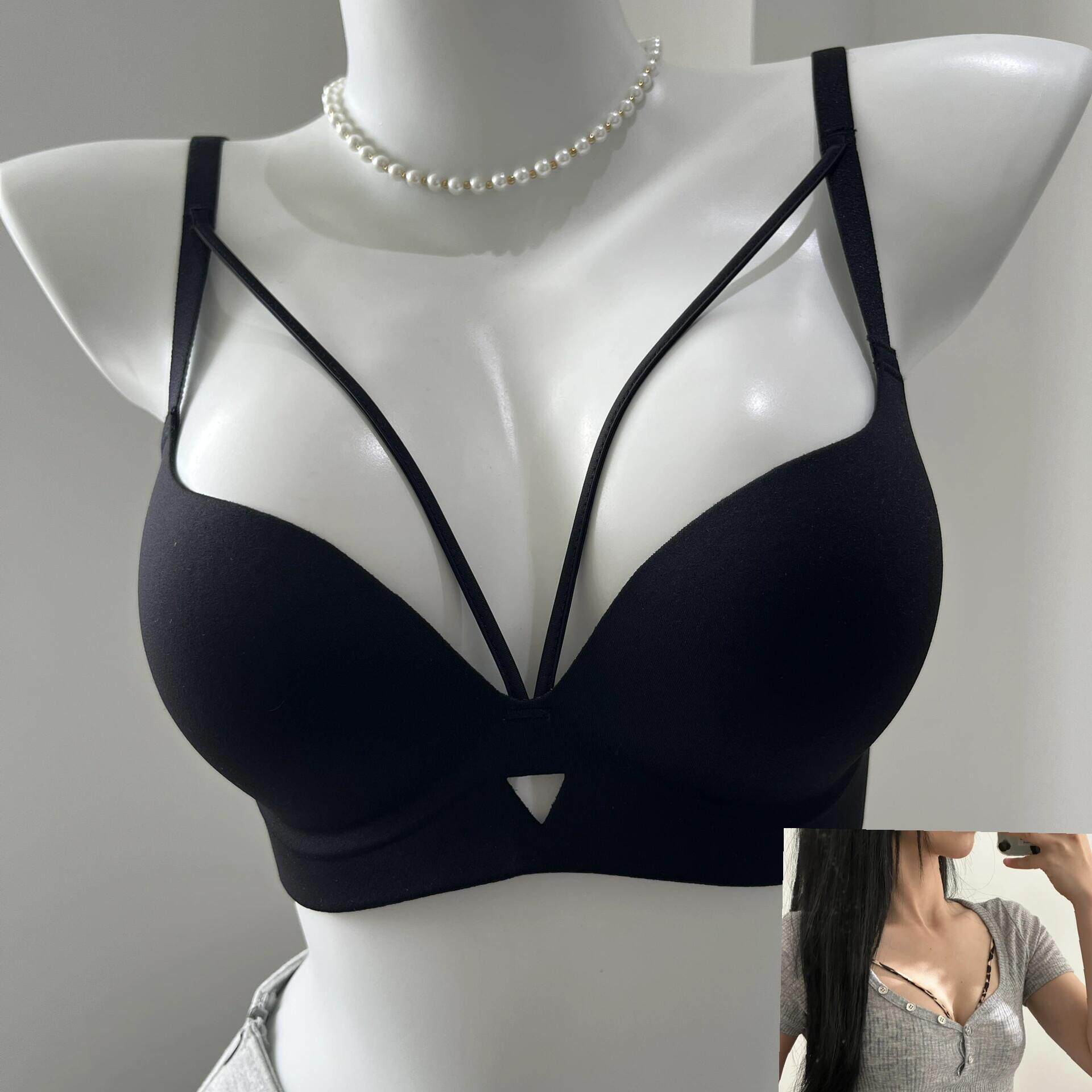 黑色纯欲性感交叉内衣女聚拢小胸收副乳防下垂调整型无钢圈文胸罩
