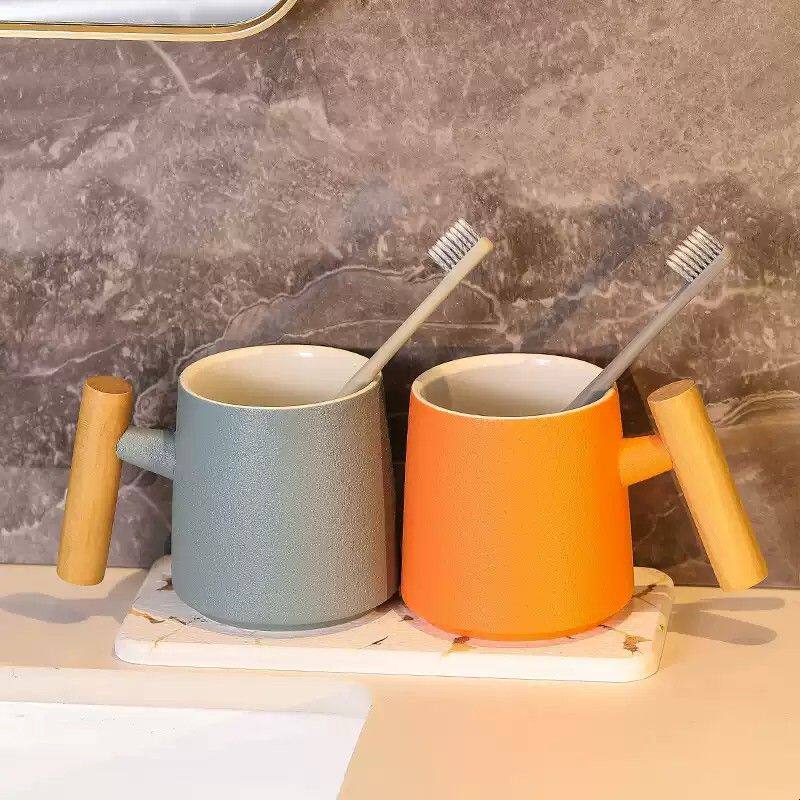 木柄陶瓷漱口杯情侣套装牙刷杯洗漱杯牙缸一对家用创意中式口杯