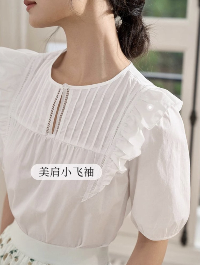 小飞袖花边衬衫女2026新款夏季新款塔克褶气质泡泡袖气质全棉衬衣