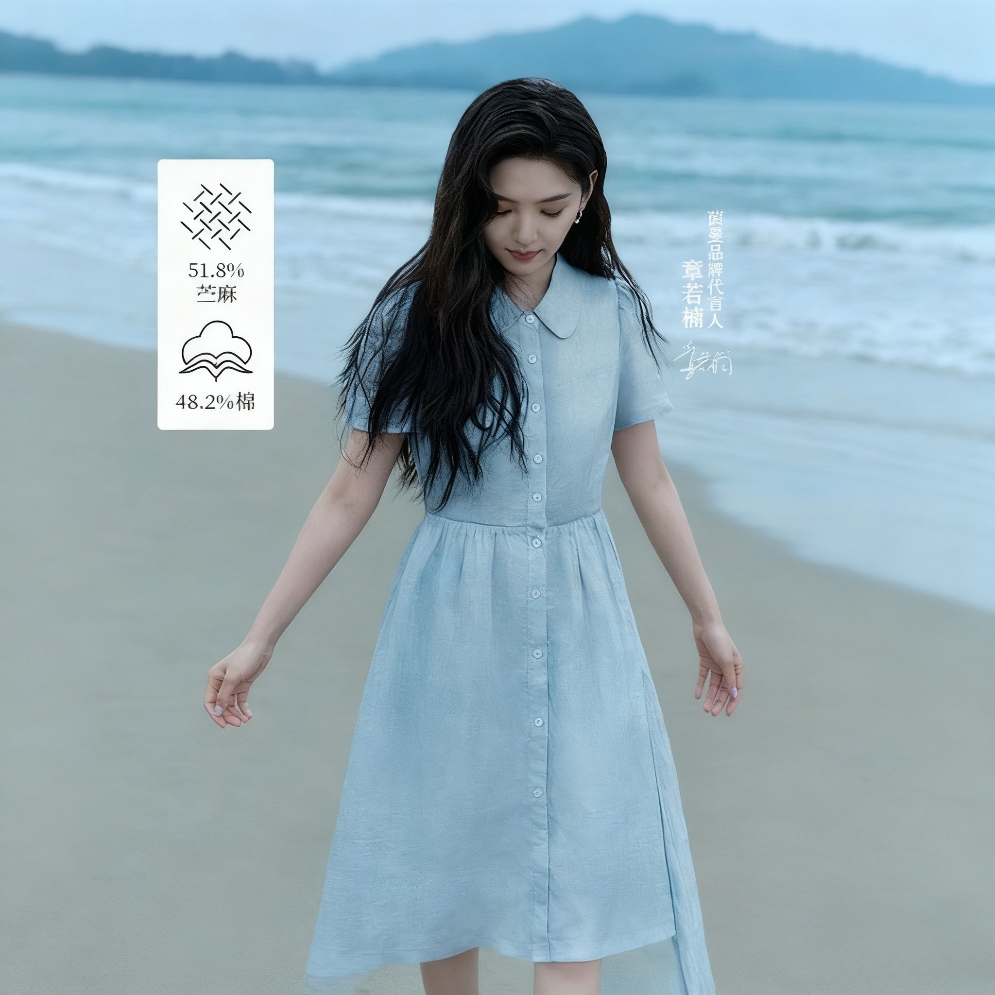 章若楠同款|苎麻法式娃娃领连衣裙女2026年夏季淡人泡泡袖裙