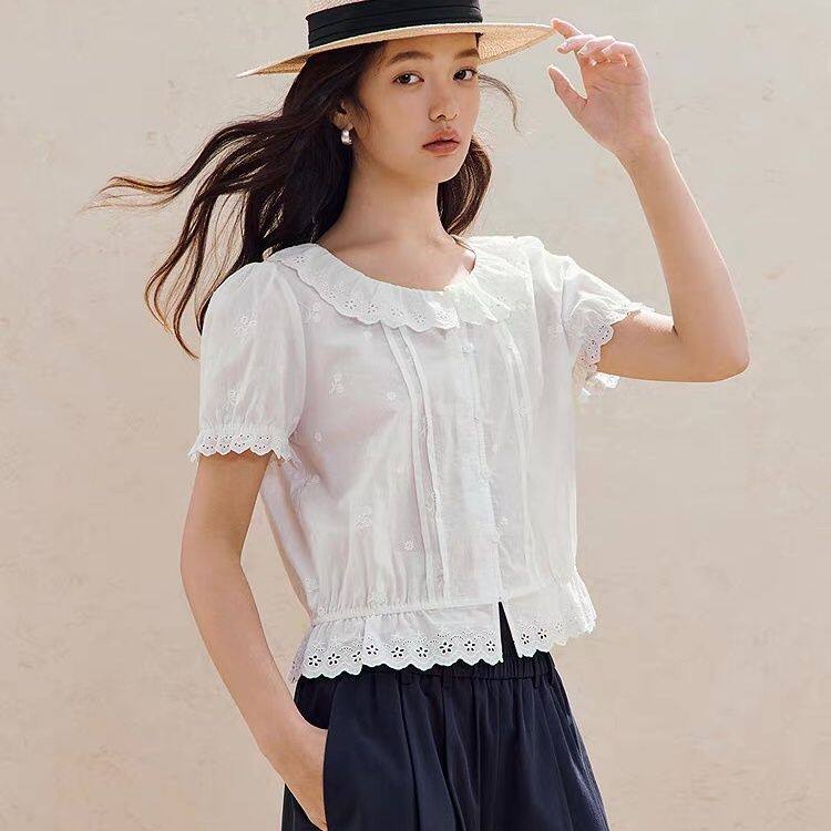 100%新疆棉|法式刺绣娃娃领衬衫2026夏季女装新款泡泡袖上衣