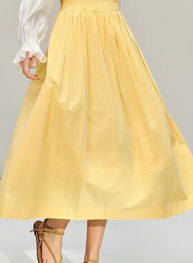 黄玫瑰压褶木耳边鹅黄色半身裙女2026年春季中长款遮肉高腰伞裙
