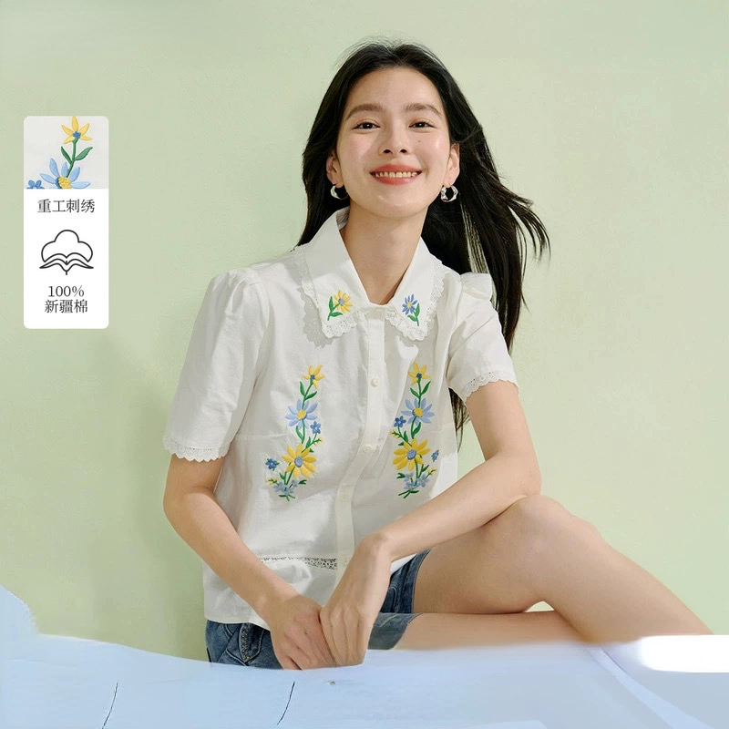 法式复古植物刺绣衬衣女2026年夏季新款荷叶边领白色短袖衬衫