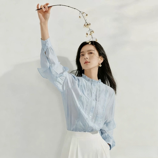 法式花边立领薄款衬衫女2026年春季新款镂空雪纺长袖蓝色衬衣