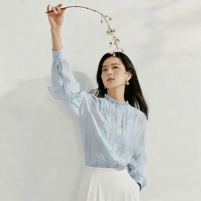 法式花边立领薄款衬衫女2026年春季新款镂空雪纺长袖蓝色衬衣
